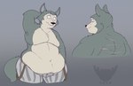 anthro back_scar belly big_belly eye_scar facial_scar fur grey_background grey_body grey_fur hand_behind_head love_handles male moobs navel nipples obese obese_anthro obese_male overweight overweight_anthro overweight_male scar simple_background solo suspenders basicbiscuit beastars legoshi_(beastars) canid canine canis mammal wolf