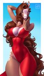 anthro big_breasts breasts brown_eyes brown_hair cleavage clothed clothing dress eye_through_hair female hair long_hair looking_at_viewer small_waist solo thick_thighs translucent translucent_hair wide_hips holivi nadira_(airheart) equid equine horse mammal 2023 absurd_res hi_res