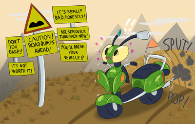 backfire blush blush_lines danger dangerous detailed_background exclamation_point female feral hazard_sign heart_symbol hillside machine moped mountain sign solo text vehicle onlybag emmie_(giik) arthropod insect living_machine living_vehicle mantis english_text hi_res