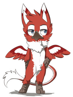 anthro blue_eyes cheek_tuft chest_tuft chibi crotch_tuft facial_tuft feathered_wings feathers front_view glistening glistening_eyes head_tuft looking_aside male mouth_closed narrowed_eyes neck_tuft nude red_body red_feathers simple_background solo standing tail tail_tuft tuft white_background white_body wings kuttoyaki avian 3:4 absurd_res full-length_portrait hi_res portrait