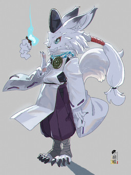 4_fingers 4_toes anthro asian_clothing beaded_jewelry beaded_necklace beads biped bottomwear cjk_character claws clothed clothed_anthro clothing dipstick_ears ear_markings east_asian_clothing eboshi feet fingers foot_wraps fur hakama headgear headwear inner_ear_fluff japanese_clothing jewelry kariginu male markings multicolored_ears necklace shide simple_background solo standing tail three-quarter_view toe_claws toes tuft white_body white_fur wraps kurokosyou canid canine fox mammal 2022 3:4 absurd_res digital_media_(artwork) hi_res