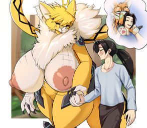 5_fingers anthro before_and_after big_breasts black_claws black_hair black_nose blurred_background blush border bottomwear bouncing_breasts breasts claws clothed clothing duo eye_scar eyes_closed eyewear facial_scar fangs female female_anthro fingers fur genitals glasses hair hand_holding happy huge_breasts larger_anthro larger_female long_hair male male_human motion_lines nipples pants ponytail scar size_difference smaller_male smile teeth thick_thighs vulva white_border wide_hips yellow_body yellow_fur kappa_spark bandai_namco digimon digimon_(species) domestic_cat felid feline felis human maine_coon mammal meicoomon meicrackmon meicrackmon_normal_mode hi_res