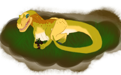 crouching fangs female feral flower grass lying_on_ground on_ground plant plant_pot simple_background tail teeth shadeominus clever_girls daisy_(clever_girls) dinosaur megalosaurid megalosauroid prehistoric_species reptile saurischian scalie theropod torvosaurus