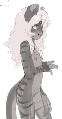 anthro blush convenient_censorship female fur gesture hair hair_covering_breasts hand_gesture looking_at_viewer markings nude ok_sign open_mouth pawpads simple_background solo striped_body striped_fur striped_markings striped_tail stripes suggestive suggestive_gesture tail tail_markings tongue tongue_out white_hair young butterchalk amalia_(claralaine) domestic_cat felid feline felis mammal