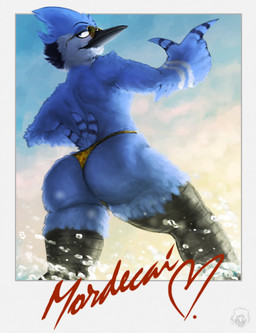 anthro beak big_butt blue_body blue_feathers bubble_butt butt clothed clothing eyewear feather_hands feathers heart_symbol male partially_submerged postcard rear_view sky small_tail solo speedo speedo_only standing_in_water sunglasses swimwear tail topless water wearing_sunglasses red_safe_boi cartoon_network regular_show mordecai_(regular_show) avian bird blue_jay corvid jay_(bird) new_world_jay oscine passerine absurd_res hi_res signature
