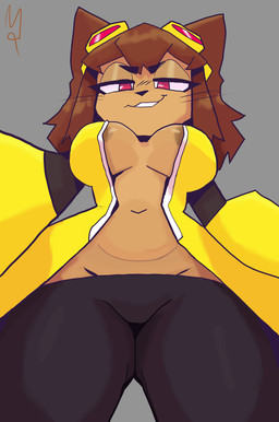 anthro areola areola_slip breasts brown_body brown_fur brown_hair clothed clothing female fur gesture hair jacket looking_at_viewer looking_down looking_down_at_viewer open_clothing open_jacket open_topwear red_eyes solo suggestive suggestive_gesture topwear wide_hips mariry01 gameoverse glitch_productions kit_bodega domestic_cat felid feline felis mammal hi_res