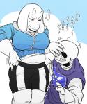 alternate_costume anthro belly big_breasts blush bone bottomwear breasts clothing clothing_swap delta_rune_(emblem) duo female hoodie male midriff navel shorts skeleton symbol text topwear under10mato undertale undertale_(series) sans_(undertale) toriel animated_skeleton boss_monster_(undertale) bovid caprine mammal undead 5:6 japanese_text translated translation_check