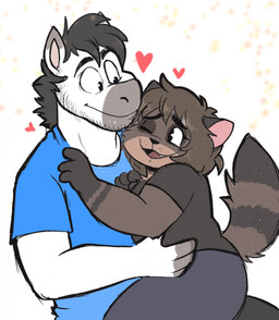4_fingers anthro bangs beard bent_arm black_bottomwear black_clothing black_ears black_eyebrows black_hair black_nose black_shirt black_t-shirt black_tail black_topwear blue_clothing blue_shirt blue_t-shirt blue_topwear bottomwear brown_body brown_fur brown_hair brown_stripes closed_smile clothed clothed_anthro clothed_female clothed_male clothing cuddling duo eyebrows eyelashes facial_hair fangs female fingers fluffy fluffy_tail fully_clothed fully_clothed_anthro fully_clothed_female fully_clothed_male fur grey_bottomwear grey_clothing grey_ear_tips grey_pants hair hand_on_belly heart_symbol hearts_around_head interspecies larger_anthro larger_male light looking_at_another looking_at_partner love male male/female markings medium_hair mouth_closed on_lap one_eye_closed open_mouth open_smile pants pink_inner_ear red_tongue shirt short_hair simple_background sitting_on_lap size_difference smaller_anthro smaller_female smile smiling_at_another smiling_at_each_other sparkles striped_markings striped_tail stripes stubble t-shirt tail tail_markings teeth tongue topwear two_tone_tail whisker_spots white_background ractoons colty_(colty8) raquel_(ractoons) equid equine horse mammal procyonid raccoon 2021 colored digital_drawing_(artwork) digital_media_(artwork) english_description hi_res lighting