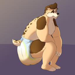 anthro clothed clothing crouching diaper diaper_only feces male overweight overweight_anthro overweight_male pooping side_view soiled_diaper soiling soiling_diaper solo topless unclean_diaper used_diaper using_diaper wearing_diaper baltnwolf canid canine canis domestic_dog mammal 1:1 hi_res
