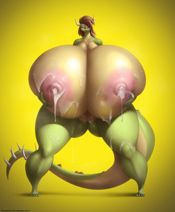 anthro areola bedroom_eyes big_breasts big_butt blue_eyes bodily_fluids breasts brown_hair butt butt_from_the_front female genitals hair horn huge_breasts huge_butt hyper hyper_breasts lactating looking_at_viewer milk multicolored_body narrowed_eyes nipples non-mammal_breasts non-mammal_lactation non-mammal_nipples nude pink_areola pink_nipples seductive solo tail thick_thighs two_tone_body vulva stardep mythology angela_(badgerben) dragon mythological_creature mythological_scalie scalie 2025 hi_res