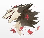 ambiguous_gender anthro biped black_body black_fur ears_up fur leaf looking_at_viewer red_eyes simple_background solo teeth teeth_showing white_body white_fur white_nose lingrimm mammal sergal colored portrait