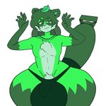 balls banana_hammock big_balls chest_fur clothed clothing femboy genitals green_body green_eyes green_hair hair hip_dips huge_balls huge_thighs hyper hyper_balls hyper_genitalia leaf leaf_in_hair male nuclear_bomb nukey pubes simple_background small_waist solo speedo swimwear thick_thighs umisaki white_background white_sclera wide_hips canid canine mammal raccoon_dog tanuki tagme