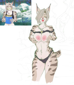 anthro between_breasts bikini breast_squish breasts clothed clothing female looking_at_viewer nipples small_waist solo squish swimwear tongue tongue_out two-piece_swimsuit dktorzi the_invisible_man_and_his_soon-to-be_wife luna_jarashi felid feline lynx mammal 2026 hi_res