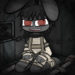 anthro bdsm black_body black_fur black_hair bondage bondage_gear bound chain chained concrete fur hair kneeling male red_eyes restrained solo 404uchuu lagomorph leporid mammal rabbit 1:1 absurd_res hi_res