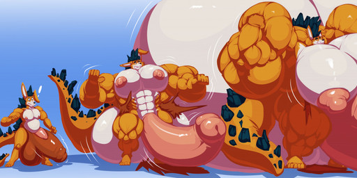 anthro balls balls_expansion bend_penis big_balls big_muscles big_pecs big_penis clothing erection exclamation_point expansion flexing fur genital_expansion genitals gradient_background grin growth growth_sequence huge_balls huge_muscles huge_pecs huge_penis hyper hyper_balls hyper_genitalia hyper_muscles hyper_pecs hyper_penis male multicolored_body multicolored_fur muscle_growth muscular muscular_anthro muscular_male nipples nude pecs penis penis_expansion pink_nipples pink_penis plantigrade simple_background smile solo speedo standing swimwear torn_clothing white_balls bobert sebastian_badgermancer canid canine fox hybrid kaiju lagomorph leporid mammal rabbit 2020