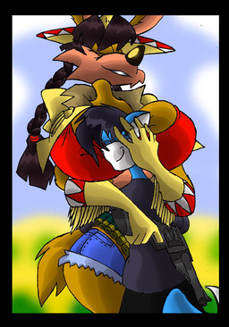 anthro big_breasts black_border black_hair blue_body blue_fur border bottomwear breasts bullet clothing duo eyes_closed female fur gun hair handgun hat headgear headwear hug huge_breasts jacket male multicolored_body multicolored_fur pants pistol ranged_weapon shirt shorts tan_body tan_fur thick_thighs topwear two_tone_body two_tone_fur weapon white_body white_fur virus-20 june_coyote canid canine canis coyote fox mammal 2007 digital_media_(artwork)