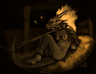 bdsm bondage bound breasts dark eyes_closed female fire looking_away night nipples non-mammal_breasts non-mammal_nipples nude rope sad slave solo stable submissive submissive_female tail scrumpet mythology dragon mythological_creature mythological_scalie scalie monochrome signature