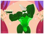 anthro border bulge clothing curtains flower green_body green_clothing green_nipples male mask muscular muscular_anthro muscular_male nipples pecs plant playboy_bunny simple_background solo sparkles white_border redeyedgazer deltarune undertale_(series) avian swatchling hi_res