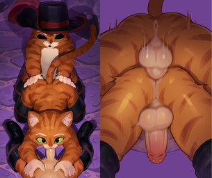 anal anal_penetration anthro anthro_on_anthro anthro_penetrated anthro_penetrating anthro_penetrating_anthro anus balls bent_over boots butt butt_grab claws clone clothed clothing dominant dominant_male erection fellatio footwear from_behind_position from_front_position fur fuzzy genitals glistening green_eyes group hand_on_butt hat headgear headwear humanoid_genitalia humanoid_penis intraspecies looking_at_viewer low-angle_view lying male male/male male_penetrated male_penetrating male_penetrating_male missing_eye missing_eyes mostly_nude motion_blur on_back on_front oral orange_body orange_fur partially_clothed penetration penile penis purple_background rear_view selfcest sex shoes simple_background spitroast square_crossover submissive submissive_male trio worm's-eye_view pandarita dreamworks puss_in_boots_(franchise) evil_puss_(puss_in_boots) puss_dos_(puss_in_boots) puss_in_boots_(dreamworks) domestic_cat felid feline felis mammal tabby_cat hi_res