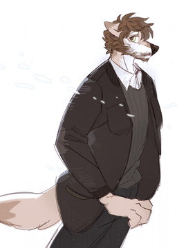 anthro beard black_bottomwear black_clothing black_jacket black_nose black_pants black_topwear bottomwear brown_hair clothed clothing facial_hair fur green_eyes grey_clothing grey_topwear hair jacket looking_aside male messy_hair mouth_closed pants short_hair simple_background solo standing tan_body tan_fur three-quarter_view topwear unsigned white_background white_body white_clothing white_fur white_topwear asnnonaka lim_(asnnonaka) canid canine canis mammal wolf hi_res portrait three-quarter_portrait