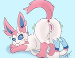 all_fours anus ass_up bow_(anatomy) butt female feral genitals looking_at_viewer presenting presenting_hindquarters presenting_pussy pussy raised_tail ribbons_(anatomy) simple_background solo tail birdofanatic nintendo pokemon eeveelution generation_6_pokemon pokemon_(species) sylveon digital_drawing_(artwork) digital_media_(artwork) hi_res signature