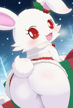 anthro blush butt christmas_clothing clothing female female_anthro fur holidays looking_at_viewer looking_back looking_back_at_viewer red_eyes snow snowing solo white_body white_fur bluehiyokobunny christmas jewelpet sanrio sega sega_fave ruby_(jewelpet) lagomorph leporid mammal rabbit absurd_res hi_res