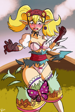 assisted_exposure blonde_hair blush blush_lines bra breasts brown_clothing brown_gloves brown_handwear camel_toe cleavage clothed clothing ear_piercing eyelashes facial_markings female front_view gloves hair handwear head_markings humanoid_pointy_ears markings not_furry open_mouth panties piercing pigtails pink_bra pink_clothing pink_panties pink_underwear pointy_ears purple_eyes questionable_consent solo tan_body tan_skin torn_clothing underwear kaisorain nintendo the_legend_of_zelda agitha_(tloz) humanoid hylian absurd_res hi_res