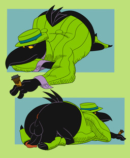 all_fours anthro anus ass_out balls beak big_butt black_body black_eyes black_feathers bottomless bottomless_anthro bottomless_male butt cigar clothed clothing feathers genitals hat headgear headwear humanoid_genitalia humanoid_penis looking_aside looking_away looking_back lying male on_front pattern_clothing penis presenting presenting_hindquarters simple_background slightly_chubby slightly_chubby_anthro slightly_chubby_male solo striped_clothing stripes suit tail tail_feathers yellow_sclera bob-jiggles fritz_the_cat duke_(fritz_the_cat) avian bird corvid corvus_(genus) crow oscine passerine absurd_res cross-hatching hatching_(art) hi_res shaded