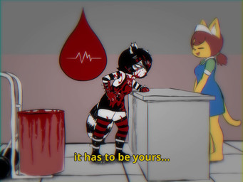 4_fingers annoyed anthro barefoot blood blood_bank bodily_fluids breasts clothing covered_in_blood desk dialogue donation dress duo ear_piercing feet female fingers forced_smile furniture gore humor inner_ear_fluff insane minidress murderer nurse pear-shaped_figure piercing receptionist smile solo table tail tail_motion tankard text tuft unimpressed wide_hips e254e cerise_(e254e) domestic_cat felid feline felis mammal procyonid raccoon 4:3 animated hi_res short_playtime sound subtitled video