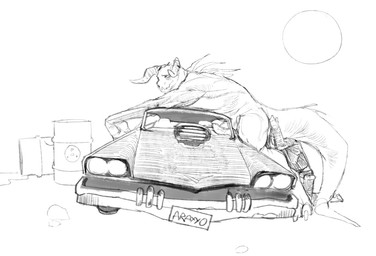 anal anthro bent_over car duo genitals holding_tail_up kneeling larger_male license_plate male oral outside penis rimming rimming_male sex size_difference vehicle fireclown chryslus_highwayman chryslus_motors_corporation fallout microsoft goris_(fallout) deathclaw human mammal scalie hi_res monochrome