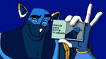 anthro blue_background blue_body license looking_at_viewer male mascot robotic simple_background smile smiley_face smiling_at_viewer solo text yellow_eyes gg-0_0-jurejo123 disney e621 the_emperor's_new_groove esix kronk felid humanoid mammal meme spanish_description spanish_text