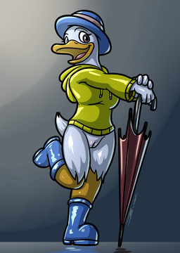 anthro beak biped boots bottomless bottomless_anthro bottomless_female breasts clothed clothing coat feathers female fingers footwear genitals hair hat headgear headwear holding_object holding_umbrella looking_at_viewer medium_breasts non-mammal_breasts on_one_leg open_beak open_mouth raincoat shoes simple_background smile solo standing tail tail_feathers topwear umbrella vulva bassybefuddle conditional_dnp anatid anseriform avian bird duck digital_media_(artwork) hi_res