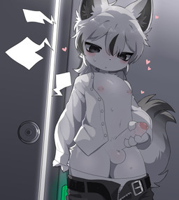 anthro belt blush bodily_fluids bottomwear bottomwear_down clothed clothing door ear_tuft emanata erection fur genital_fluids genitals hair heart_symbol hearts_around_head kemono leaking_precum male nipple_piercing nipples pants pants_down partially_clothed penis piercing precum shirt solo stroking_penis tail topwear tuft unbuttoned unbuttoned_shirt white_body white_fur white_hair young young_male aellaellae felid mammal absurd_res hi_res