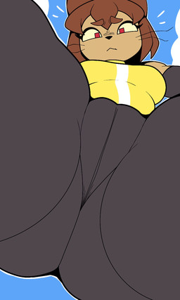 anthro black_nose blue_background bottomwear breasts brown_body brown_fur brown_hair butt butt_from_the_front camel_toe clothing eyelashes female front_view fur grey_bottomwear grey_clothing hair looking_at_viewer low-angle_view red_eyes short_hair simple_background solo thick_thighs topwear whiskers yellow_clothing yellow_sclera yellow_topwear honklion gameoverse glitch_productions kit_bodega domestic_cat felid feline felis mammal hi_res