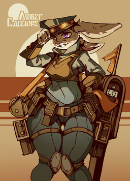 anthro armor backpack bottomwear clothing female fur grey_body grey_fur hat headgear headwear holding_clothing holding_hat holding_headgear holding_headwear holding_object holster knee_pads pants police police_uniform purple_eyes shirt smile solo standing thick_thighs topwear uniform vambrace vest amber-calliope disney zootopia judy_hopps lagomorph leporid mammal rabbit hi_res