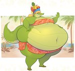 anthro banana belly belly_slap big_belly big_breasts blonde_hair breasts clothed clothing covered_eyes ear_piercing ear_ring feet female food fruit fruit_hat grape green_body hair hat headgear headwear lemon melon obese obese_female outside overweight overweight_anthro overweight_female piercing pineapple plant ponytail ring_piercing sandels seaside slap slapping_own_belly slapping_self smile solo swimwear tail thick_thighs toes topwear tropical two-piece_swimsuit watermelon ridiculouscake geraldeen_almer alligator alligatorid american_alligator crocodilian reptile scalie absurd_res digital_media_(artwork) hi_res