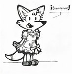 anthro barefoot clothing cute_fangs dialogue fangs feet female maid_uniform smile solo teeth text uniform waiter el_senor_erizo pizza_hut antoinette_(el_senor_erizo) canid canine fox mammal french_text hi_res meme translated