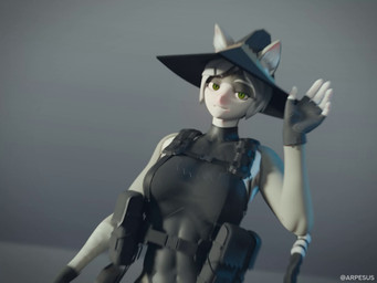 anthro black_clothing black_gloves black_handwear boots breasts clothed clothing explosion explosives female fingerless_gloves footwear fur gloves green_eyes grenade grenade_launcher grey_background grey_body grey_fur gun hair handwear harness hat headgear headwear kick multicolored_body multicolored_fur music pockets ranged_weapon shoes simple_background solo topwear vest weapon white_body white_fur white_hair witch_hat arpesus arpesus_(modeler) ash_baby_(meme) meejeong domestic_cat felid feline felis mammal 2026 3d_(artwork) 3d_animation 4:3 animated digital_media_(artwork) hi_res short_playtime sound video