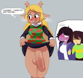 animal_genitalia animal_penis anthro balls being_watched big_balls big_breasts big_penis blush bottomwear breasts clothed clothing clothing_lift crossgender cutaway dialogue embarrassed equine_genitalia equine_penis flaccid genitals gesture group gynomorph hair hand_gesture huge_breasts huge_penis hyper hyper_genitalia hyper_penis intersex long_hair looking_at_another looking_away no_underwear ogling penis presenting presenting_penis skirt skirt_lift speech_bubble text thumbs_up trio dizzytizzy deltarune undertale_(series) kris_dreemurr noelle_holiday susie_(deltarune) deer human mammal new_world_deer reindeer scalie english_text hi_res
