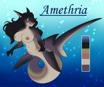 anthro black_hair blue_eyes brown_body bubble female glistening glistening_eyes green_body grey_body grin hair multicolored_body nipples nude red_nipples smile solo split_form underwater water white_body tiggybloom fish mackerel_shark marine merfolk mershark shark thresher_shark 2018 artist_name