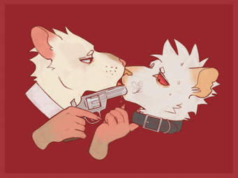 anthro anthro_on_anthro bodily_fluids collar collar_pull drooling duo french_kissing fur gun gun_in_mouth gun_play handgun head_only holding_gun holding_handgun holding_object holding_ranged_weapon holding_revolver holding_weapon kiss_on_lips kissing male male/male male_anthro nervous notched_ear object_in_mouth ranged_weapon red_background revolver saliva simple_background sucking sweat sweatdrop tan_body tongue tongue_out unsafe_weapon_practices weapon weapon_in_mouth white_body white_fur contort_desire toilet_(contort_desire) mammal murid murine rat rodent headshot_portrait hi_res portrait