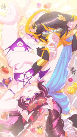 ahoge anthro bikini biped black_body black_fur black_hair blue_eyes bracelet breasts claws clothing day duo eyewear eyewear_on_head fake_wings female food fruit fur glasses glasses_on_head hair heart_glasses inner_ear_fluff jewelry kemono long_hair lying lying_on_ground male multicolored_body occult_symbol on_back on_ground open_mouth outside partially_submerged pentagram pink_nose plant purple_bikini purple_clothing purple_swimwear rectangular_glasses short_hair small_breasts strawberry swimwear symbol toga tongue tuft two-piece_swimsuit two_tone_body water wearing_glasses white_body white_fur sunnynoga chibs_(myaoduixa) domestic_cat felid feline felis mammal 2025 9:16 absurd_res alternate_version_at_source hi_res
