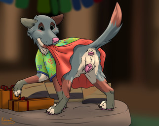 anatomically_correct anatomically_correct_genitalia anatomically_correct_vulva animal_genitalia animal_vulva anus birthday blush blush_lines butt canine_genitalia canine_vulva clothed clothing clothing_lift dress dress_lift female feral fur genitals looking_at_viewer nude pawpads presenting presenting_anus presenting_hindquarters presenting_vulva raised_tail smile solo tail vulva kinaj kaerf_(kaerfflow) canid canine canis mammal wolf hi_res
