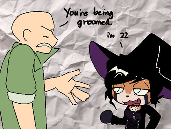 5_fingers anthro chibi clothing duo fingers green_clothing green_jacket green_topwear hat headgear headwear jacket male text topwear witch_hat sorcerergoat witchpanda cavemanon_studios snoot_game anon_(snoot_game) witchpanda_(character) ailurid human mammal red_panda english_text