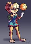 anthro bare_shoulders barefoot basketball biped blonde_hair breasts clothed clothing feet female fully_clothed fur gloves hair handwear long_ears narrowed_eyes simple_background solo kevintrentin looney_tunes warner_brothers lola_bunny lagomorph mammal 2021 absurd_res hi_res signature