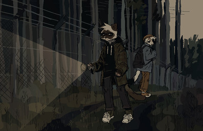ambiguous_gender anthro backpack biped bottomwear brown_body brown_fur clothed clothing detailed_background duo fence flashlight footwear forest fur holding_object jacket outside pants plant shoes standing topwear tree white_body white_fur nolongeranimals canid canine felid feline mammal 2021 digital_media_(artwork) hi_res