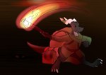 accessory bag black_body black_scales claws clothing coat darkness exploring furgonomics green_clothing green_coat green_topwear horn horn_jewelry jewelry scales solo tail tail_accessory tail_bag topwear torch_light walking frostidragon kobold scalie hi_res