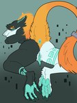 4_toes alternate_species andromorph anthro anus blue_body blue_fur blush butt clitoral_hood crossgender feet fta_crossgender fti_crossgender fur furrification genitals green_background green_body green_fur intersex looking_back orange_body orange_fur pawpads prehensile_clitoral_hood presenting presenting_hindquarters pussy rear_view simple_background solo tail_anus toes hamham_gd nintendo the_legend_of_zelda twilight_princess midna sergal hi_res