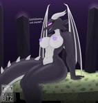 anthro areola big_breasts breasts female looking_at_viewer multicolored_body navel nipples nude purple_body sitting solo tail text two_tone_body wings mobzylewd microsoft minecraft mojang mythology xbox_game_studios jean_(minecraft) dragon ender_dragon mythological_creature mythological_scalie scalie