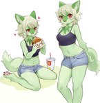 3_toes anthro barefoot beverage blush bodily_fluids bottomwear breasts burger cheek_tuft claws cleavage clothed clothing container crop_top cup denim denim_bottomwear denim_clothing denim_shorts disposable_cup drinking_straw drooling facial_tuft fangs fast_food fast_food_(food) feet female female_anthro food fur green_body green_fur happy heart_symbol holding_food holding_object kemono kneeling logo_parody looking_at_viewer midriff navel open_mouth parody pawpads paws red_claws red_eyes saliva shirt shorts simple_background sitting small_breasts solo teeth toe_claws toes topwear tuft wariza white_background erumeruta mcdonald's nintendo pokemon felid feline generation_9_pokemon mammal pokemon_(species) sprigatito digital_media_(artwork) hi_res